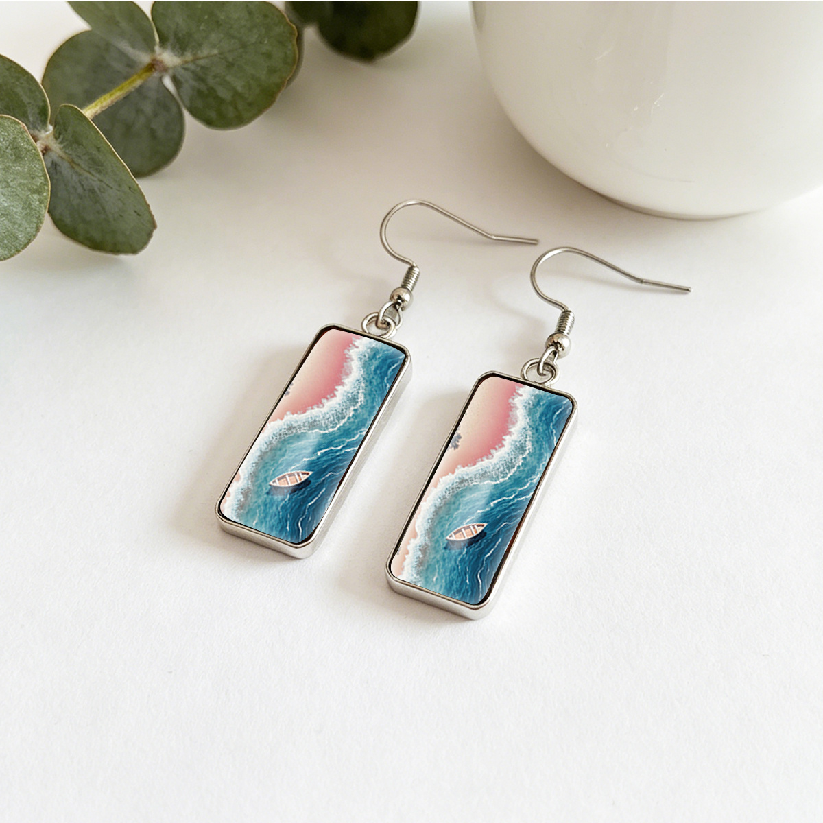 Small Boat on The Sea Beach Dangle Earrings, Trendy Gift